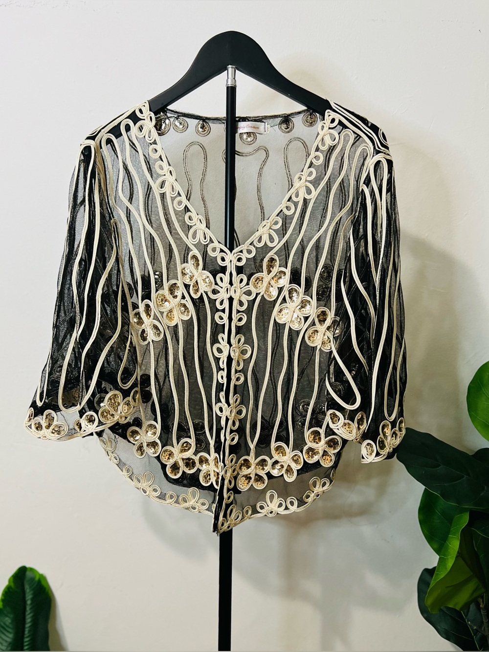 Simply Couture 2X Black Gold Sequin Embroidered Sheer Mesh Jacket Top